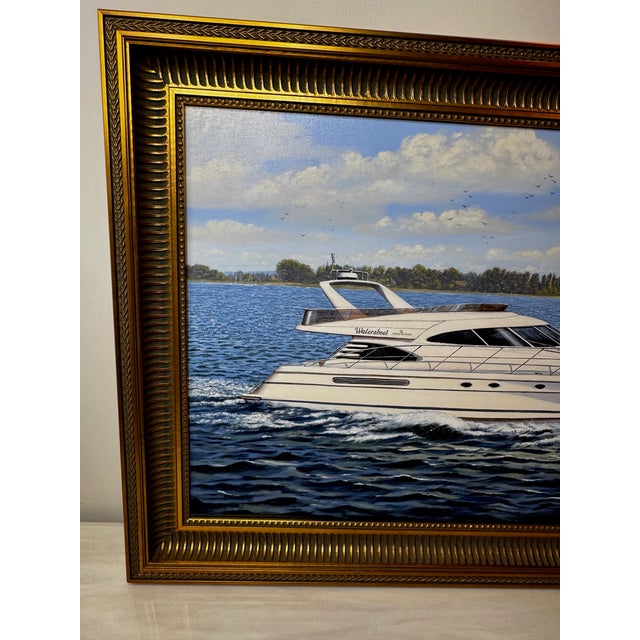 British Nautical Oil Painting Windermere Lake District Ascendancy — Fairline Squadron 50 Yacht Under Cumbrian Skies Signed Edward Hersey Gilt Framed For Sale - Image 9 of 18