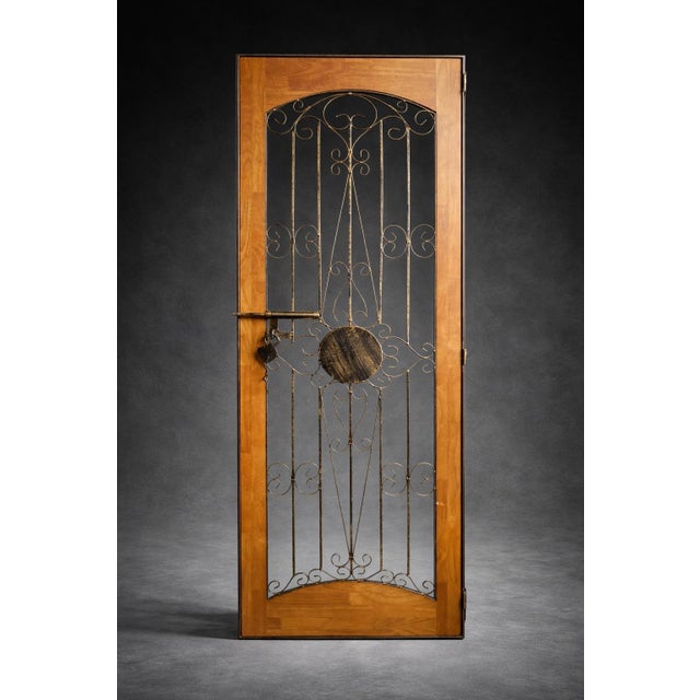 Bronze Late 20th Century Tall Iron & Wood Wine Cabinet / Bar Display (72” H X 25” W X 15” D) With Locking Door & Scrollwork Front For Sale - Image 8 of 8