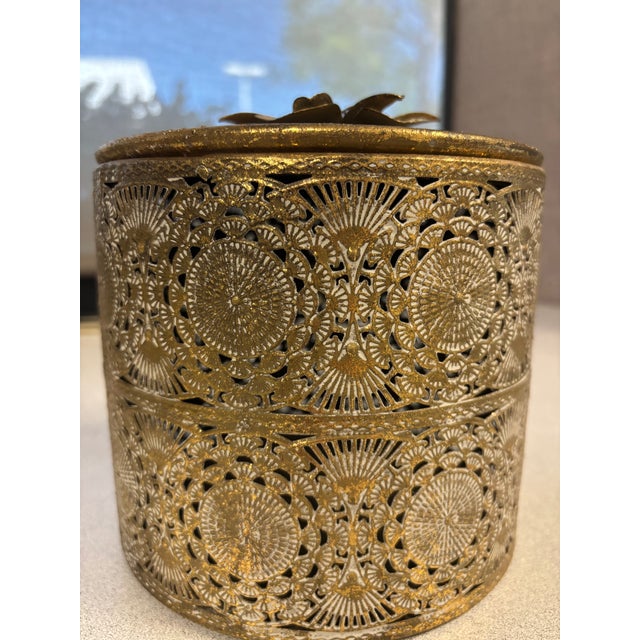 Antique Gold Filigree Metal Trinket Box With Floral Lid For Sale - Image 4 of 5
