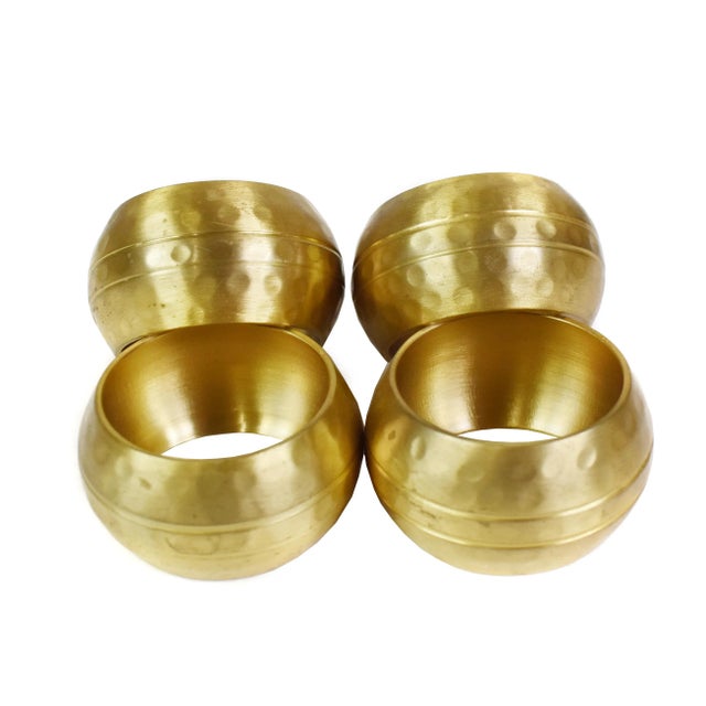 Mid-Century Modern Hammered Round Gold Brass Napkin Rings - Set of 4 For Sale - Image 3 of 5