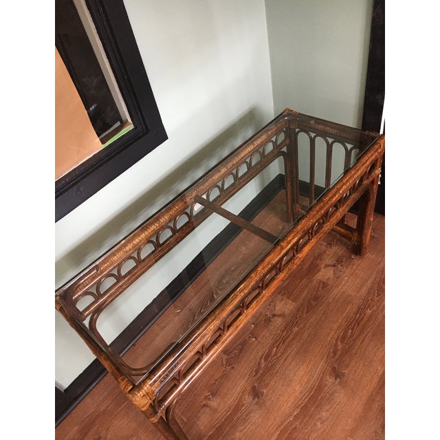 Vintage Bamboo Wood Console Table W/ Glass Top Chairish
