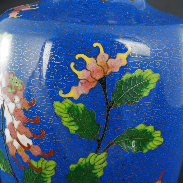 Metal Chinese Blue Cloisonné Floral Vase Republic Period For Sale - Image 7 of 11