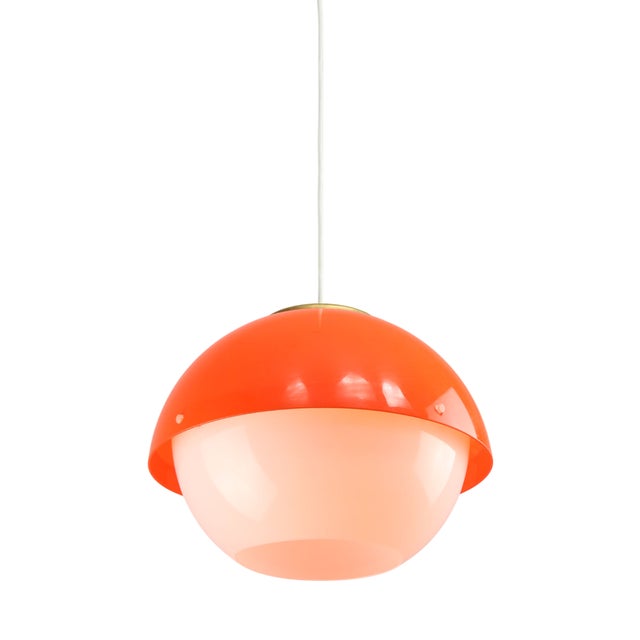 Italian Space Age Orange Acrylic Glass and Brass Pendant Lamp, 1970s For Sale