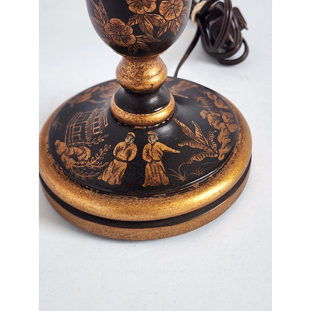 Black Vintage Chinoiserie Style Tole Painted & Wood Table Lamp For Sale - Image 8 of 12