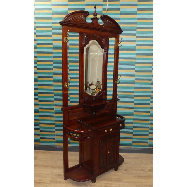 Antique Art Nouveau Mahogany Wardrobe with Beveled Mirror, Chest of Drawers, and Umbrella Stand, 1920s For Sale - Image 18 of 18
