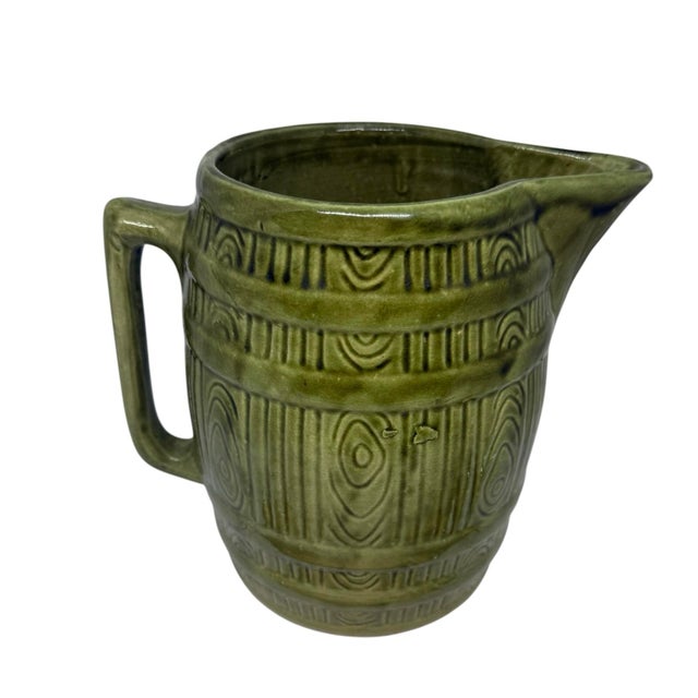 Mid 20th Century Retro Green Yellow Ware Pottery Stoneware Barrel 8” Pitcher For Sale - Image 12 of 12