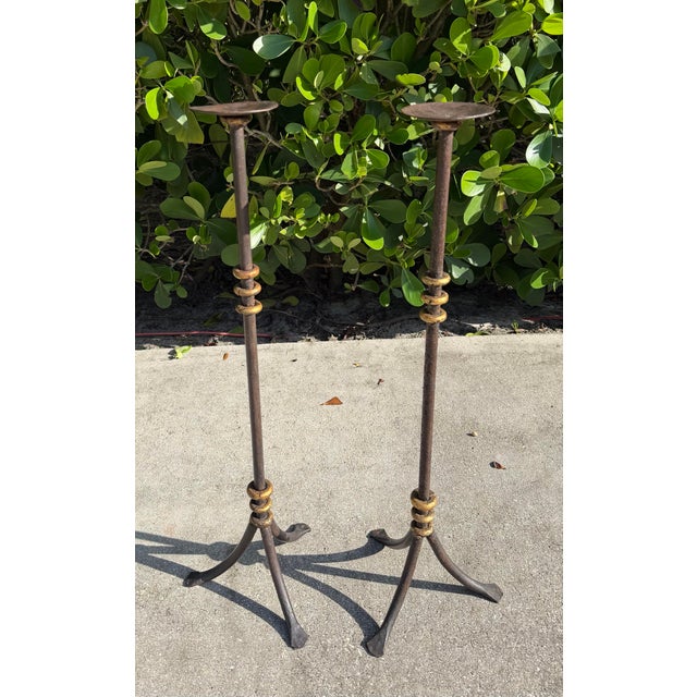 Contemporary Vintage 30” Sculptural Iron Candlesticks With Aged Patina, Pair For Sale - Image 3 of 12