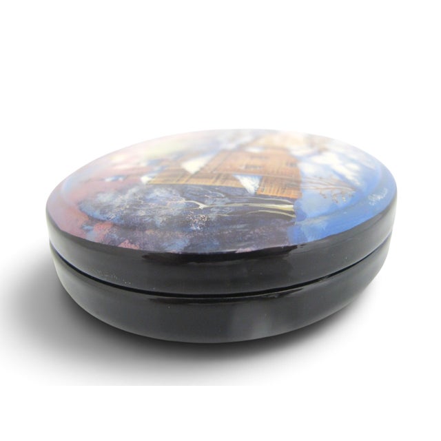 Russian Fedoskino Hand Painted Winter Suzdal Lacquer Mother of Pearl Box Signed For Sale - Image 4 of 10