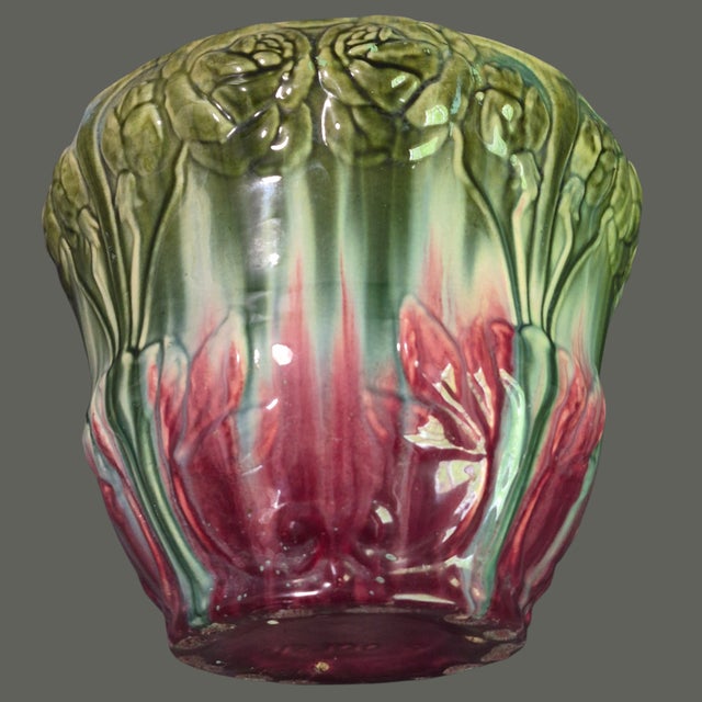 Ceramic Vintage Majolica Jardinière Planter High-Relief Art Nouveau Floral Marked Numbered For Sale - Image 7 of 8