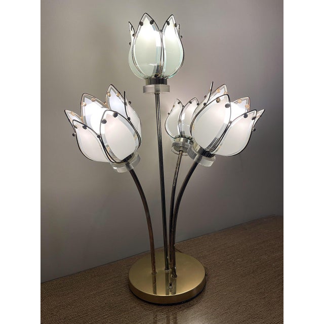 Art Deco 1991 Four-Light Lotus Bouquet Lamp in Beveled Glass For Sale - Image 3 of 10