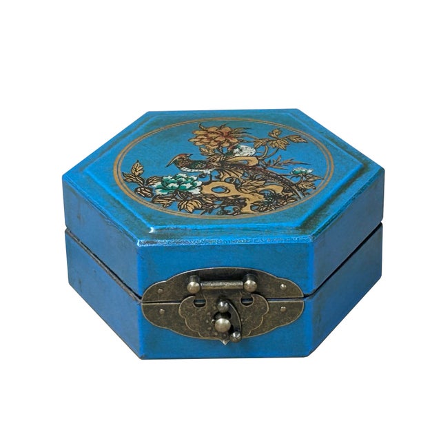 1990s Oriental Cerulean Blue Flower Bird Graphic Hexagonal Container Box For Sale - Image 5 of 8