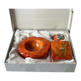 1960s Orange Onyx Ashtray, Onyx Cigarette Box, Onyx Lighter - Set of 3 - in Original Set - Vintage For Sale