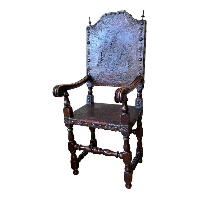Early 19th Century Jacobean-Era Tooled Leather Back & Seat Chair For Sale