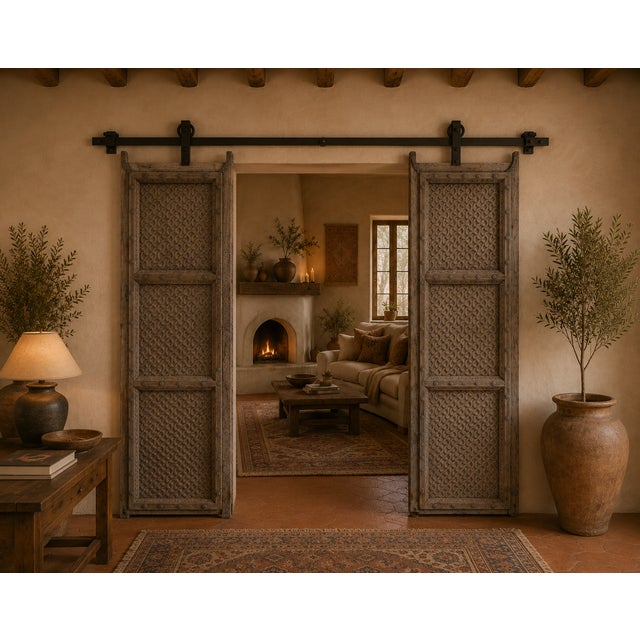 Antique Indian carved teakwood door, c. 1880–1900, carefully bleached to highlight its sculptural interlocking weave...