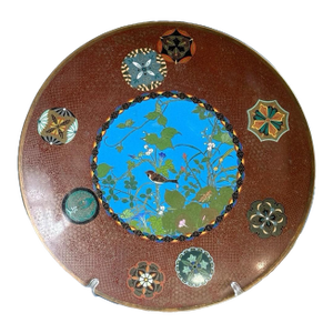 Meiji Japanese Cloisonne Enamel Plate Charger Bird Among Flowering Vines Goto