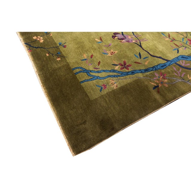 Asparagus 1920s Room Size Wool Green Floral Modern Antique Chinese Art Deco Carpet Rug For Sale - Image 8 of 12
