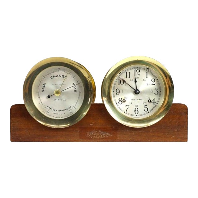 Seth Thomas Corsair Model E537-010 Brass & Mahogany Ship’s Clock Set C1968 For Sale