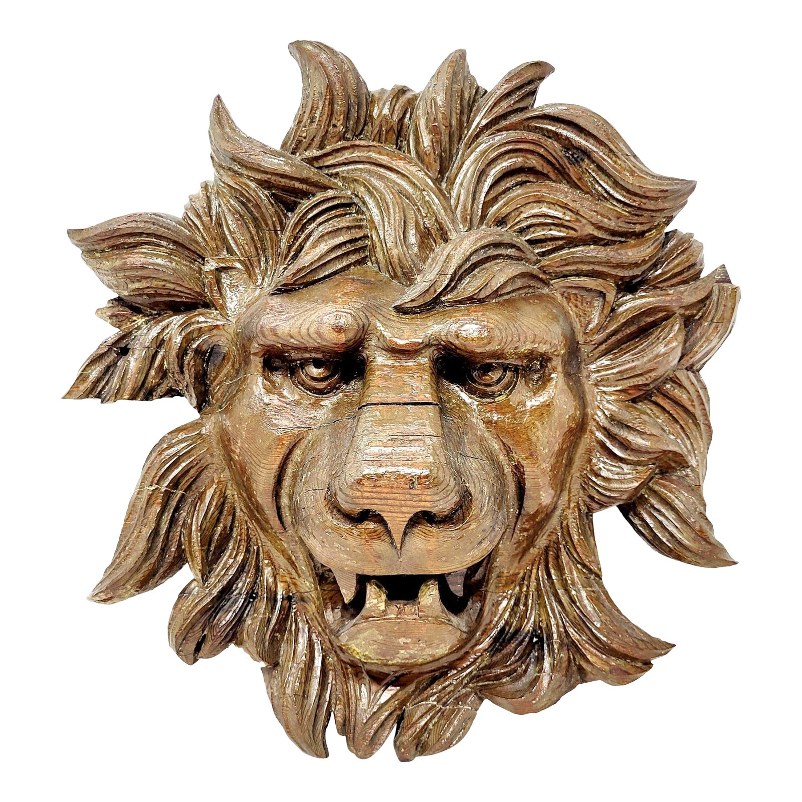 Vintage Hand-Carved Wood Lion Head Sculpture Wall Art | Chairish