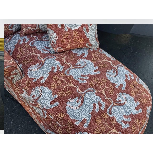 Red Mid-Century Regency Style Chaise Lounge W/ New Chinoiserie Tiger Upholstery For Sale - Image 8 of 12