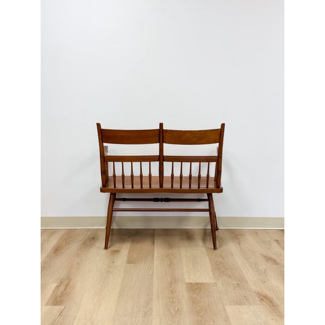 Mid 20th Century Vintage Maple Spindle Two-Seat Bench Double Crest Turned Legs Farmhouse For Sale - Image 5 of 18