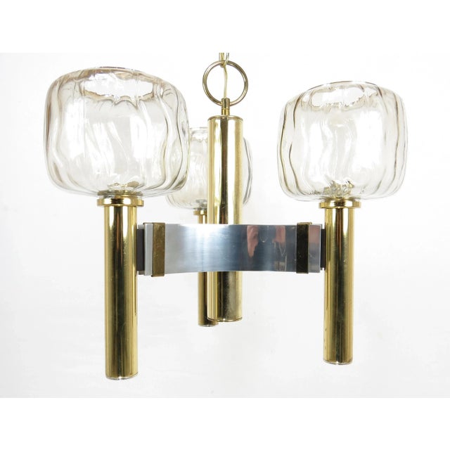 Vintage Brass and Chrome Pendant Light With 3 Glass Shades Attributed to Gaetano Sciolari For Sale In Chicago - Image 6 of 14