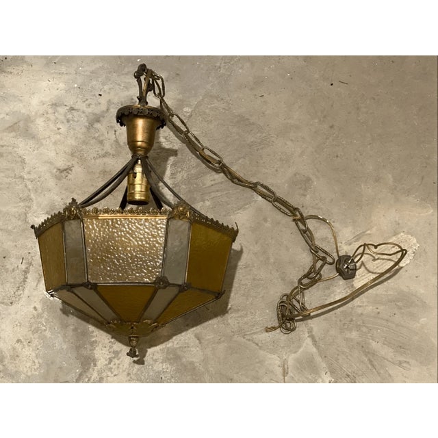 Vintage Amber & Frosted Glass Hanging Fixture Pendant Light For Sale In Pittsburgh - Image 6 of 8