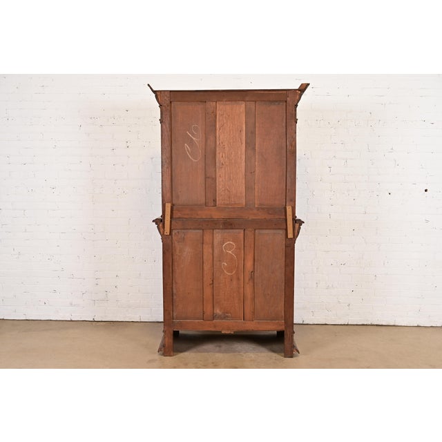 Antique French Renaissance Revival Carved Oak Breakfront Bookcase or Bar Cabinet With Stained Leaded Glass Doors, Circa 1890s For Sale - Image 13 of 14
