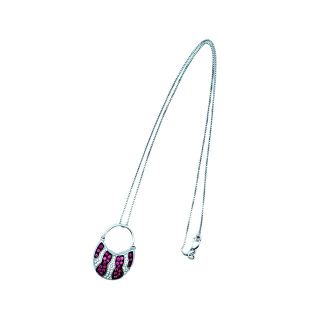 Metal Mikimoto Ruby Diamond 18k White Gold Swing Bag Pendant Chain For Sale - Image 7 of 8