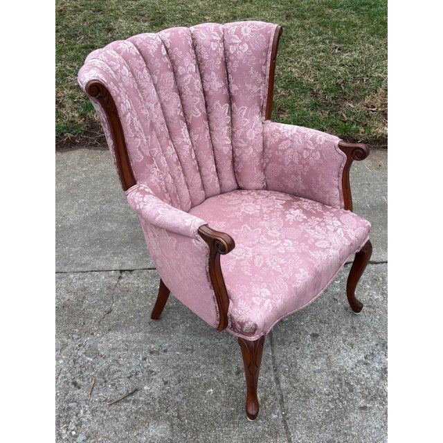 Mid 20th Century Vintage Pink Floral Channel Back Upholstered Chair For Sale - Image 5 of 13