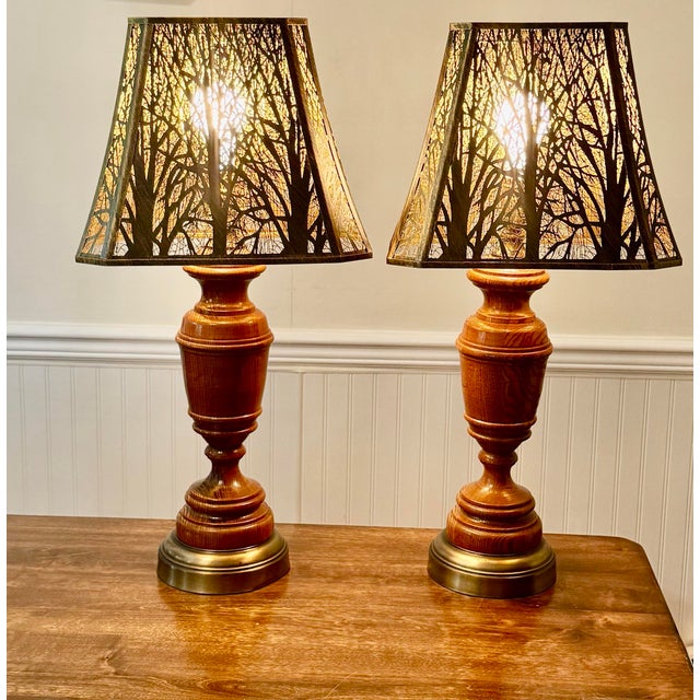 Wooden Table Lamps With Metal Tree Silhouette Shades For Sale - Image 12 of 12