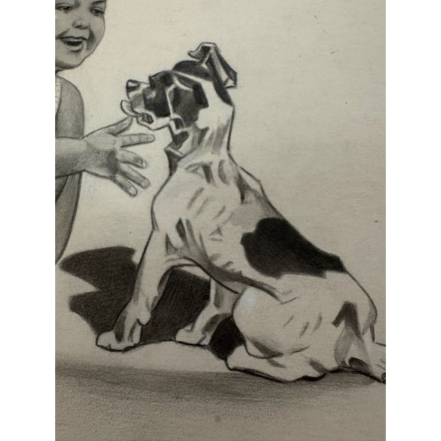 Illustration 1940s Original Signed Graphite Illustration of Child Playing With Terrier Puppy, 9 × 7.75 In. W For Sale - Image 3 of 6