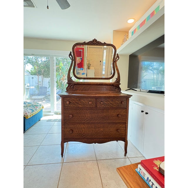 Victorian Grandmillennial Antique Tiger Oak Wood Dresser & Removable Mirror For Sale - Image 3 of 17