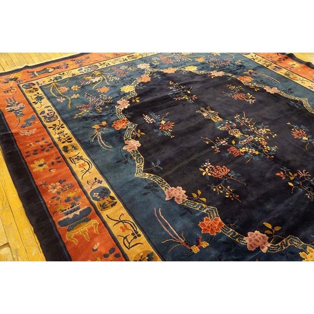 1900 - 1909 1900s Traditional Chinese Vase Navy Blue Field Antique Peking Room Size Wool Rug For Sale - Image 5 of 6