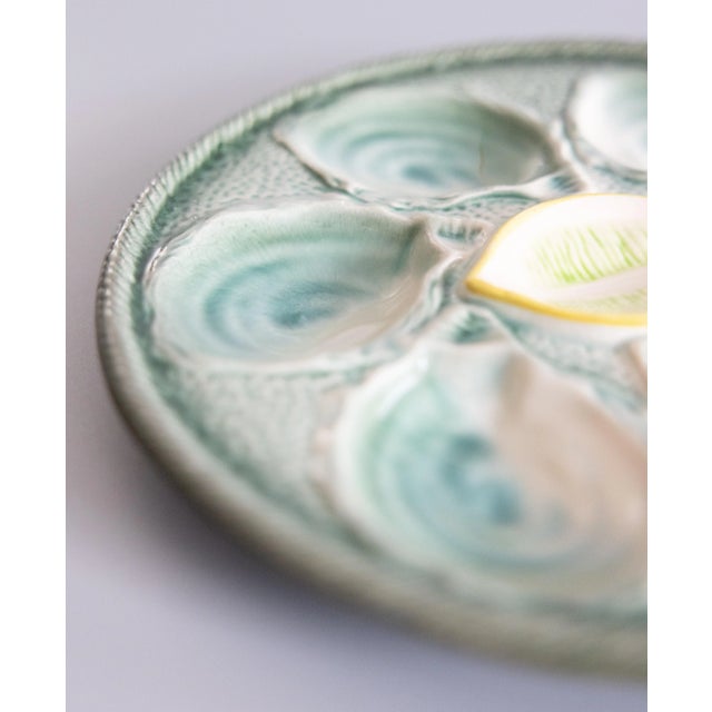 Antique French Saint Clément Majolica Blue Green & Yellow Lemon Wedge Oyster Plate For Sale - Image 4 of 7