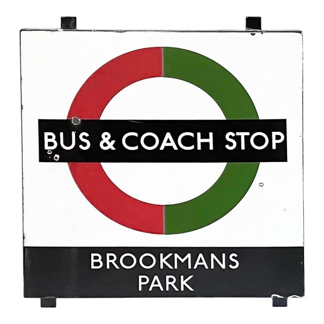 Vintage English Bus & Coach Stop Porcelain Enamel Sign, Brookmans Park For Sale