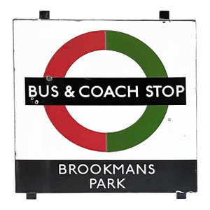 Vintage English Bus & Coach Stop Porcelain Enamel Sign, Brookmans Park