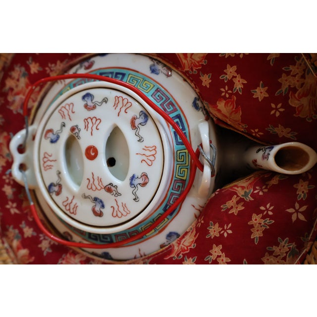 Chinoiserie Antique Chinese Dragon & Phoenix Porcelain Teapot With Fitted Warming Basket For Sale - Image 3 of 18