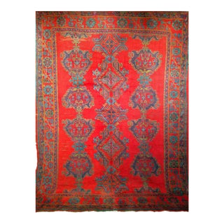 Vintage Turkish Oushak Hand-Knotted Rug, Red Geometric, Early 1900s, 9' x 11' For Sale