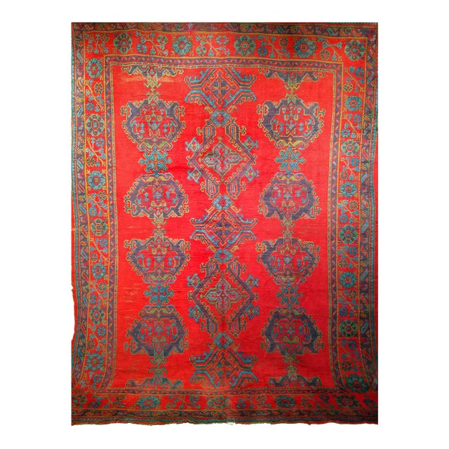 Vintage Turkish Oushak Hand-Knotted Rug, Red Geometric, Early 1900s, 9' x 11' For Sale