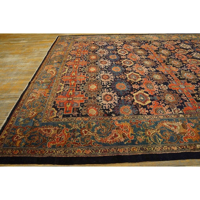 Late 19th Century 1890s Blue Navy Geometric Tribal Antique Persian Malayer Rug 12' X 13'9" Handknotted Wool Carpet For Sale - Image 5 of 6