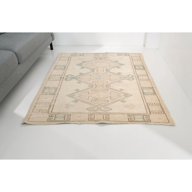 Vintage Turkish Oushak Rug in Cream and Sage Green Geometric Medallion For Sale - Image 6 of 10