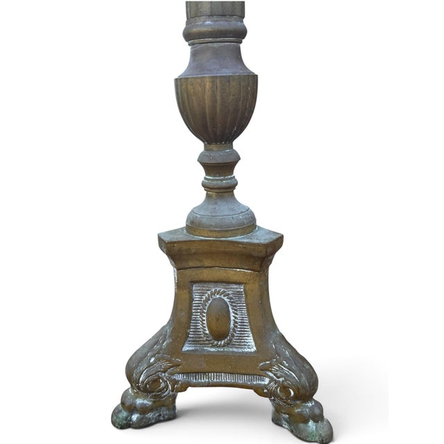 Brass Pair of Tall Neoclassical Empire Style Patinated Brass Candlesticks, 28.25” For Sale - Image 8 of 9