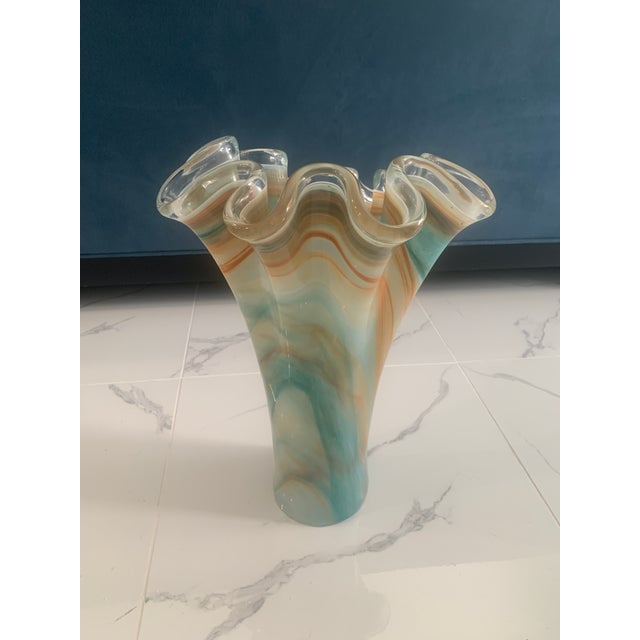 Large Hand Blown Murano Style Blue & Orange Ruffle Handkerchief Vase For Sale In Naples, FL - Image 6 of 6
