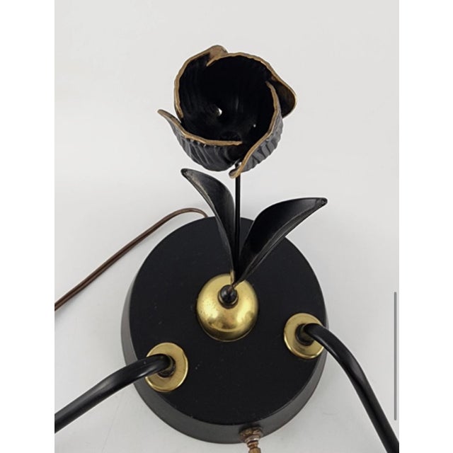 Metal Mid Century Brass Desk Lamp in Black Finish - Center Tulip Flower Motif For Sale - Image 7 of 12