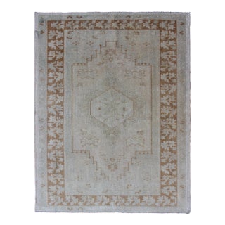 Vintage Turkish Oushak Rug With Medallion in Pale Light Blue, Taupe 3'10 X 5'3 For Sale