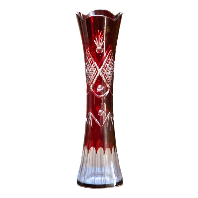 Antique Bohemian Glass Vase with Wheel-Cut Ruby, 1950 For Sale