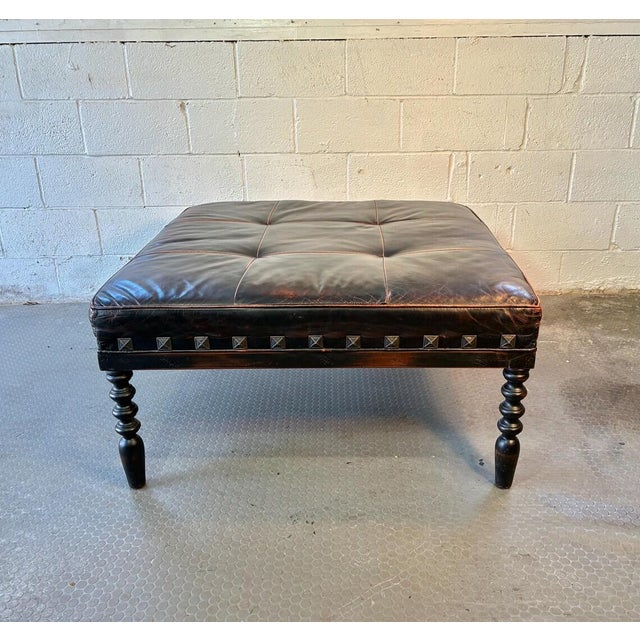 Luxury Large Shabby Chic Leather Ottoman | Vintage Leather Footstool | Nailhead Detail | Turned Spindle Legs | Rich Patina For Sale In New York - Image 6 of 10