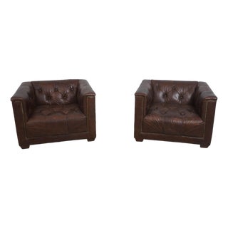 Pair Restoration Hardware Tufted Leather Chesterfield Chairs For Sale