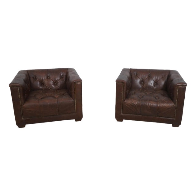 Pair Restoration Hardware Tufted Leather Chesterfield Chairs For Sale