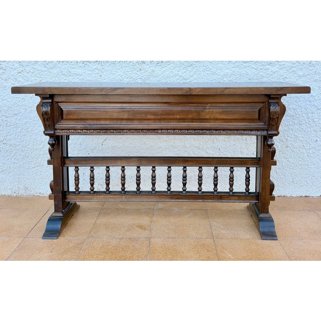 Valenti Spanish Carved Wood Console Table with Drawers and Turned Spindles, 1950 For Sale - Image 11 of 15